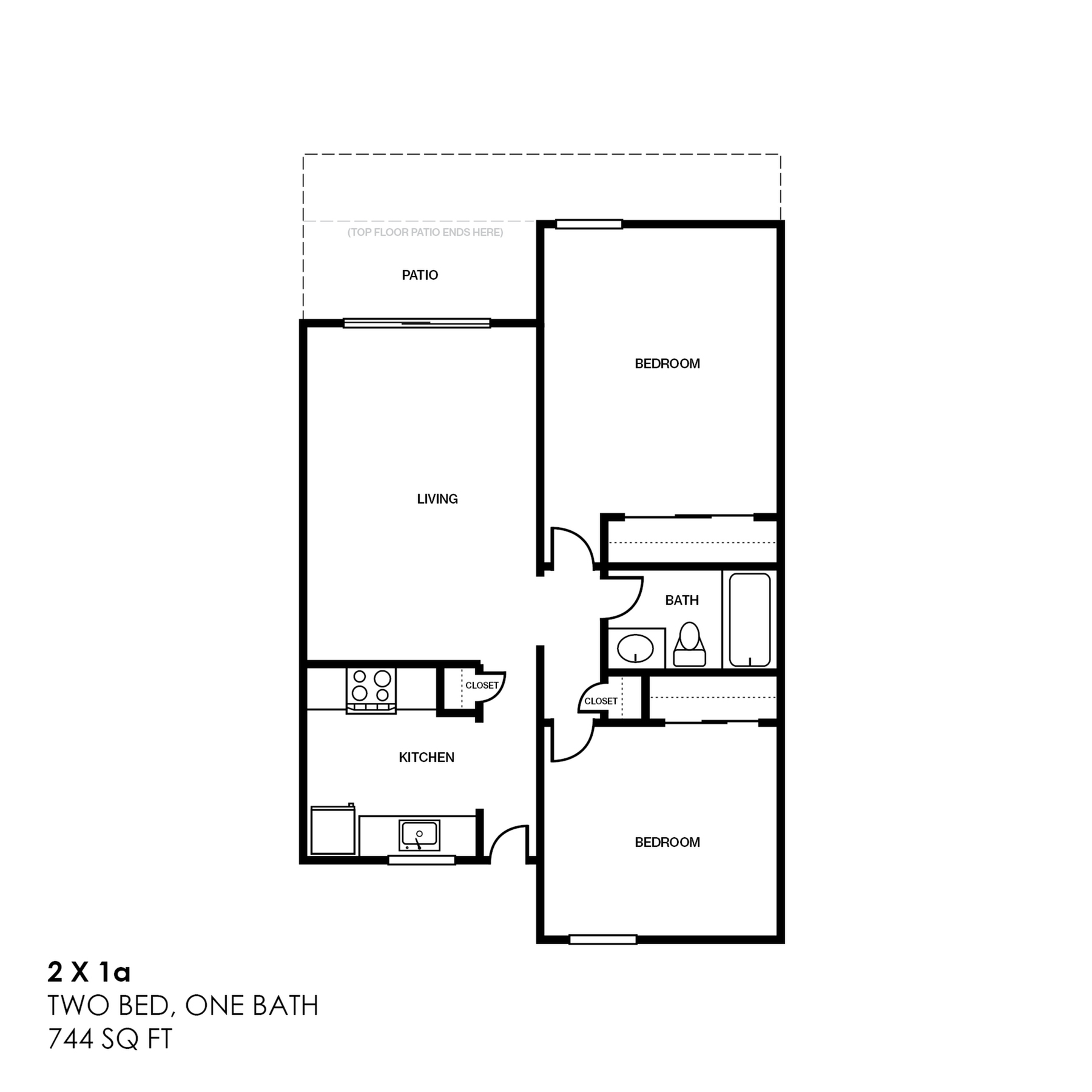2x1a Two bedroom 1- bath floor plan - 744 total sq. ft.