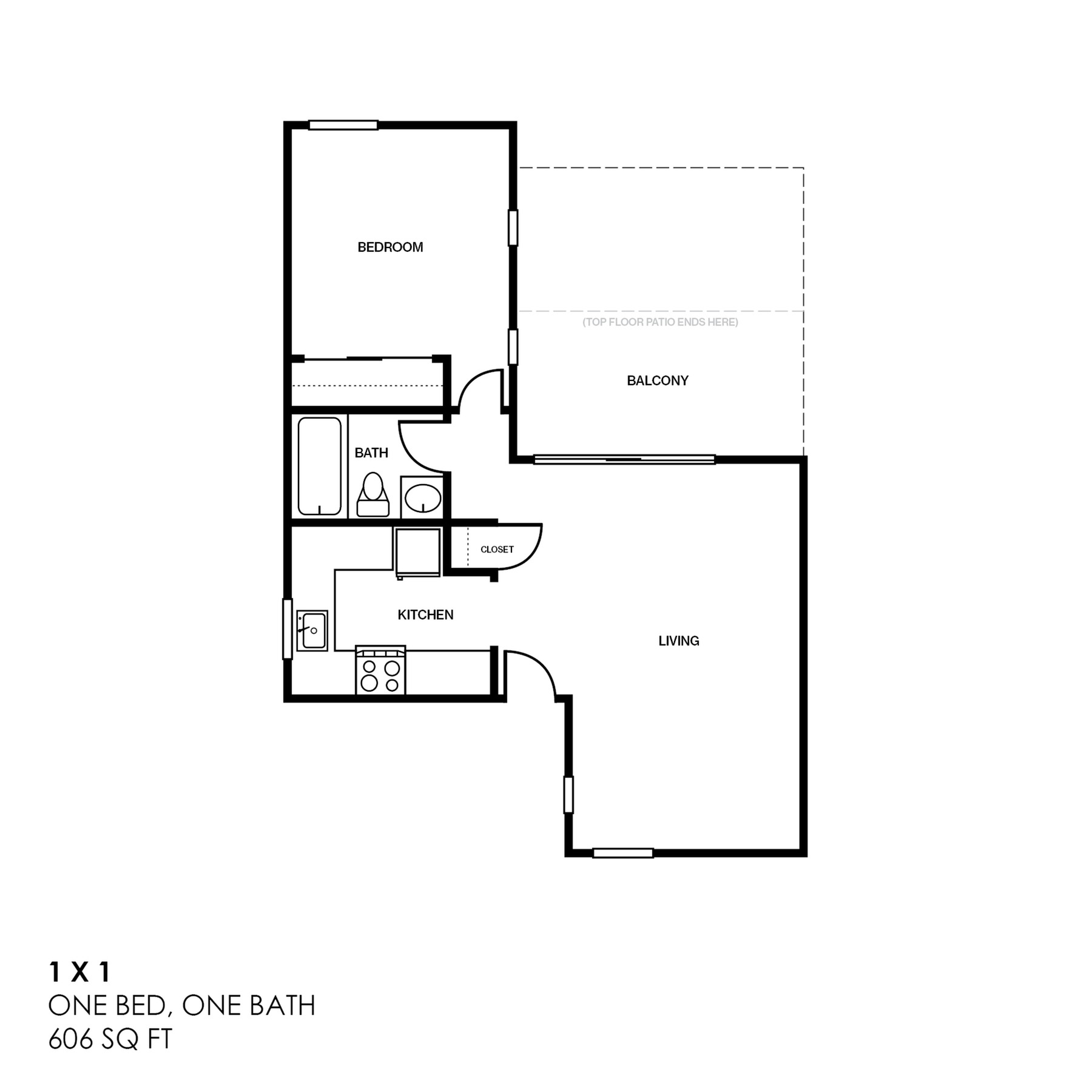 1x1 One bedroom 1-bathroom floor plan, total 606 sq. ft.
