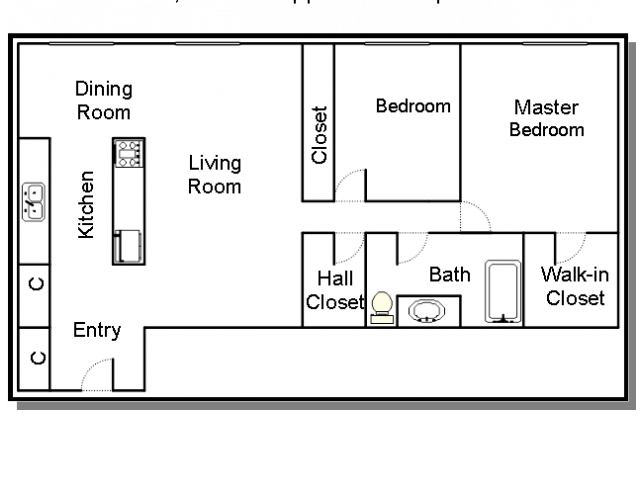 2 Bedroom, 1 Bath Floor Plan