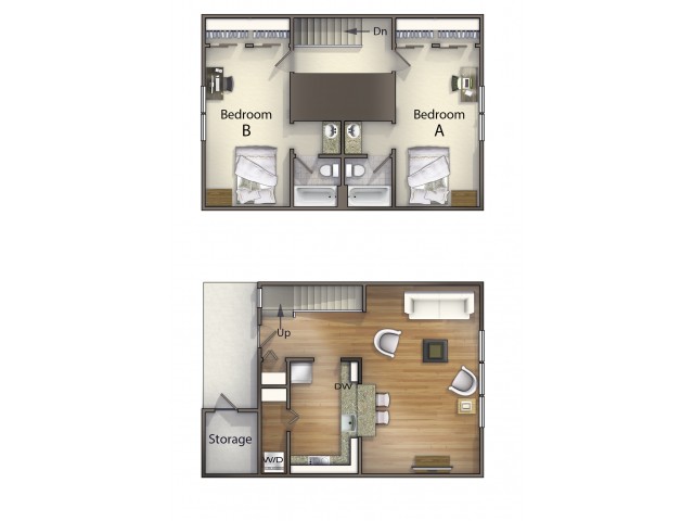 B2 town home layout | 2 Bdrm Floor Plan | The Commons | Apartments in Oxford OH