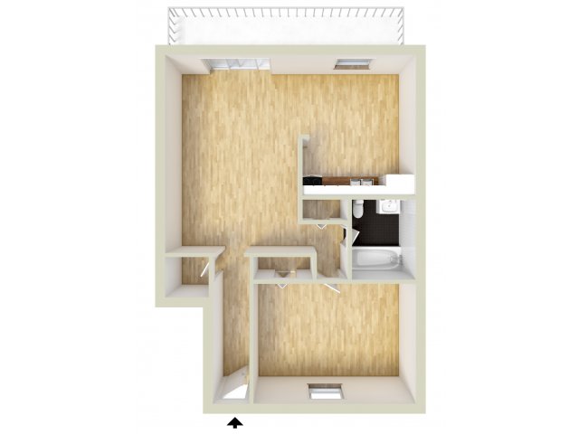 One bedroom, lower level floor plan