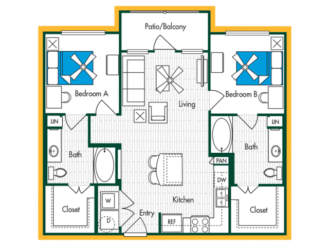 2 Bedroom, 2 Bath (B2) Floor Plan Layout