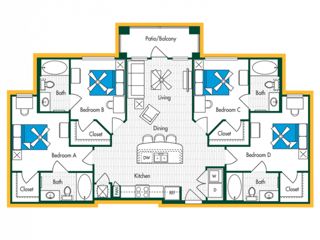 4 Bedroom, 4 Bath (D1) Floor Plan Layout