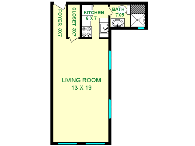 Floor plan of Scarab unit, roughly 345 square feet. Featuring living room, closet, kitchenette, and bathroom.