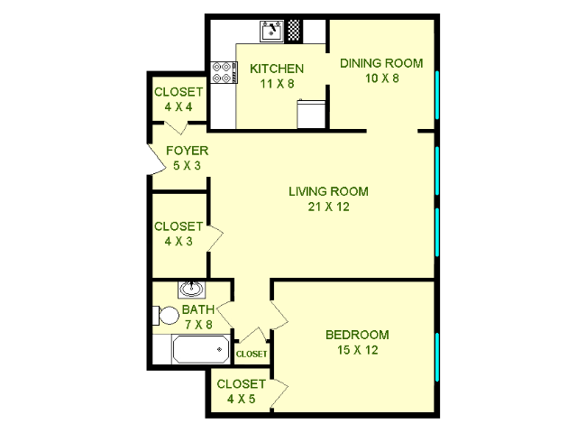 Floor plan of Firebird unit, roughly 770 square feet. Featuring living room, dining room, kitchen, bedroom, and bathroom.