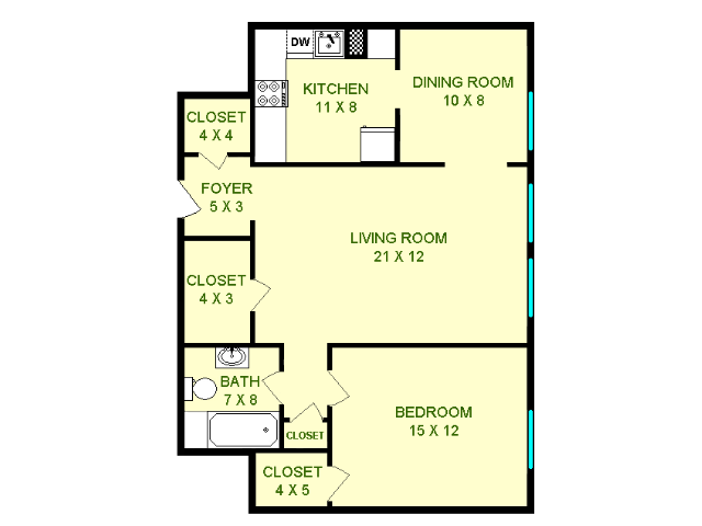 Floor plan of Corvette unit, roughly 770 square feet. Featuring living room, bedroom, kitchen, dining room, bathroom, and foyer closet.