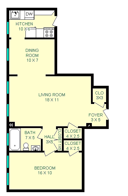 Pasteur Floorplan shows roughly 600 square feet, including four closets, a living room, bedroom, bathroom, dining room and kitchen.