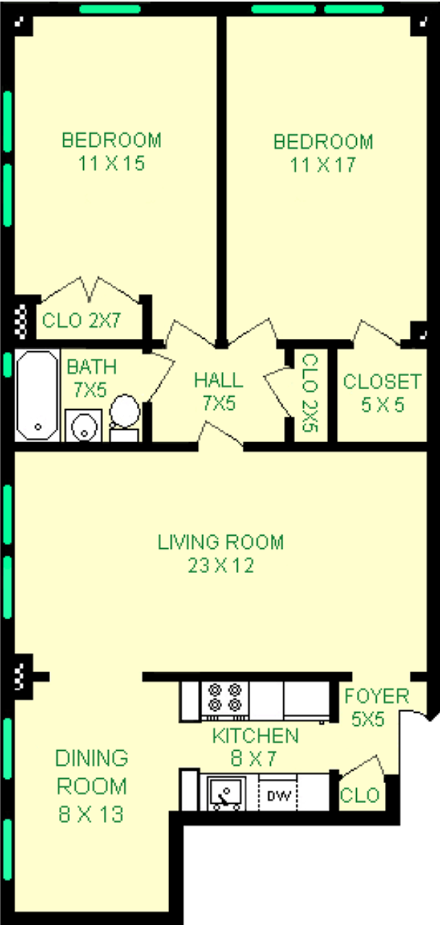 Liszt two bedroom floorplan shows roughly 1138 square feet, with two bedrooms, a bathroom, living room, dining room, kitchen and closets.