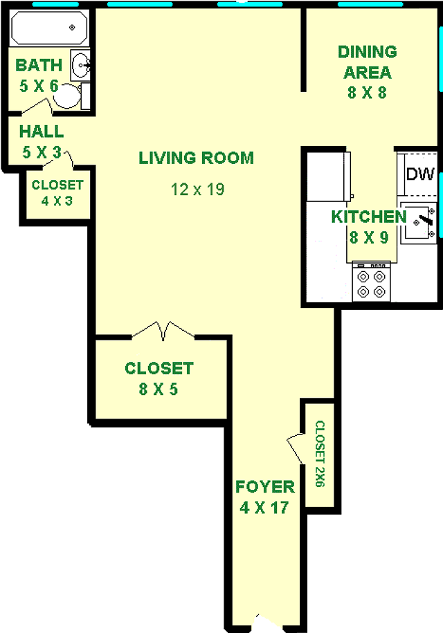 Heliotrope studio floorplan shows roughly 540 square feet, with a foyer, living room, bathroom, dining area and kitchen. There are multiple closets as well.