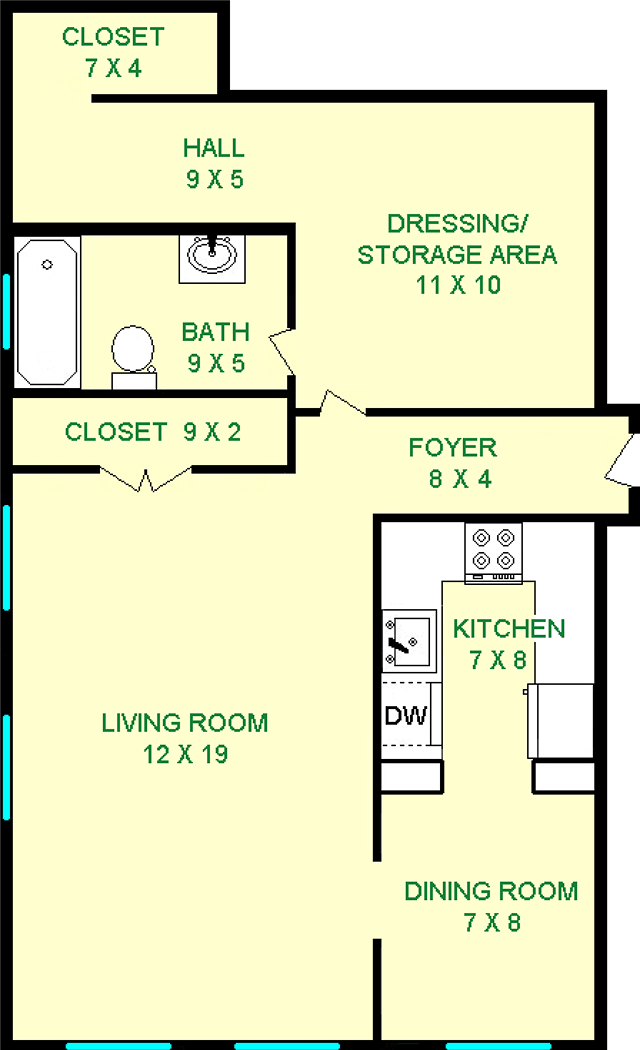 Parsley studio floorplan shows roughly 585 square feet, with a living room, bathroom, dining room, kitchen and dressing area.