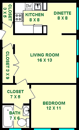 Bay one bedroom floorplan shows roughly 605 square feet, with a living room, bedroom, bathroom, closets, dinette and kitchen