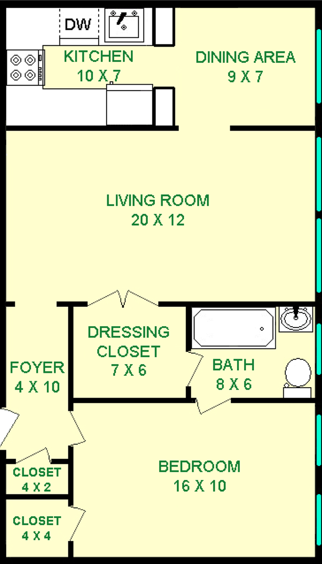 Basil floorplan shows roughly 700 square feet, with a bedroom, bathroom, living room, dressing closet, dining area and a kitchen.