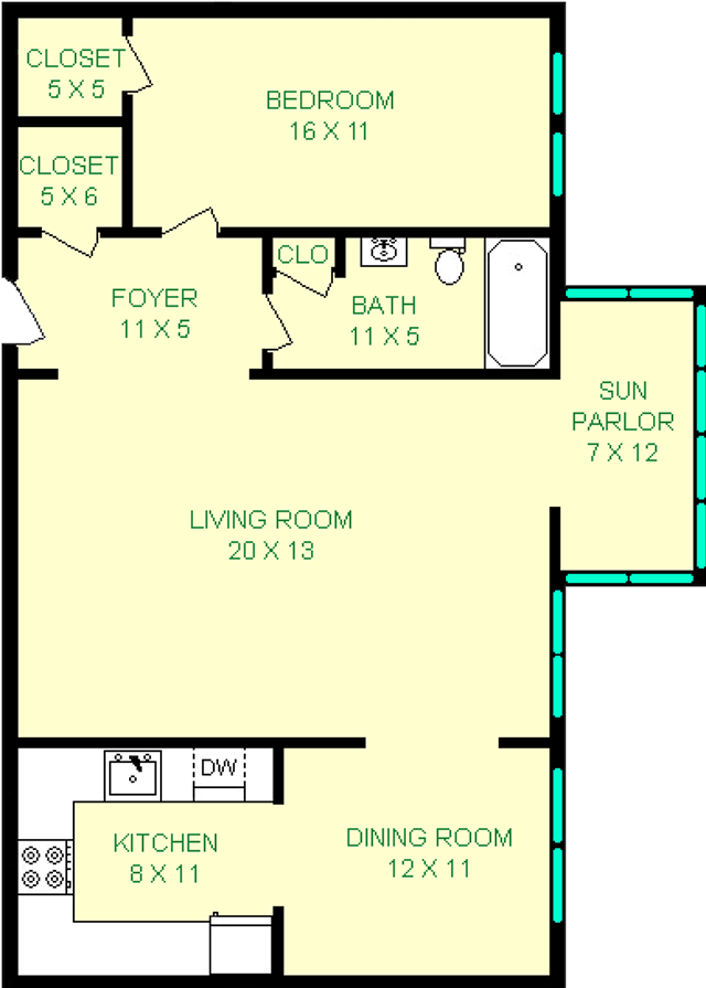 Lincoln One Bedroom Floorplan shows roughly 924 square feet, with a bedroom, living room, sun parlor, dining room, kitchen and bathroom