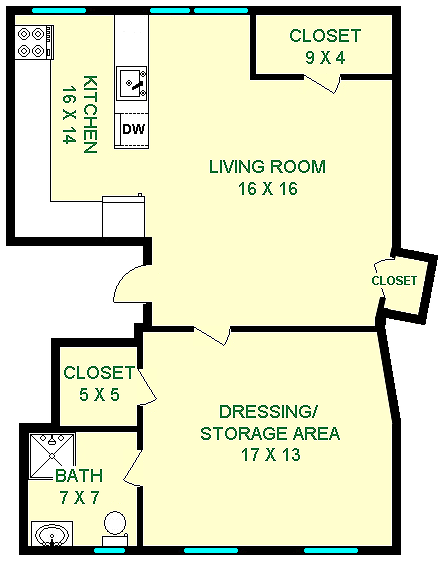 Magarac Studio floorplan shows roughly 765 square feet with the living room, dressing/storage area, bathroom, kitchen, and three closets.