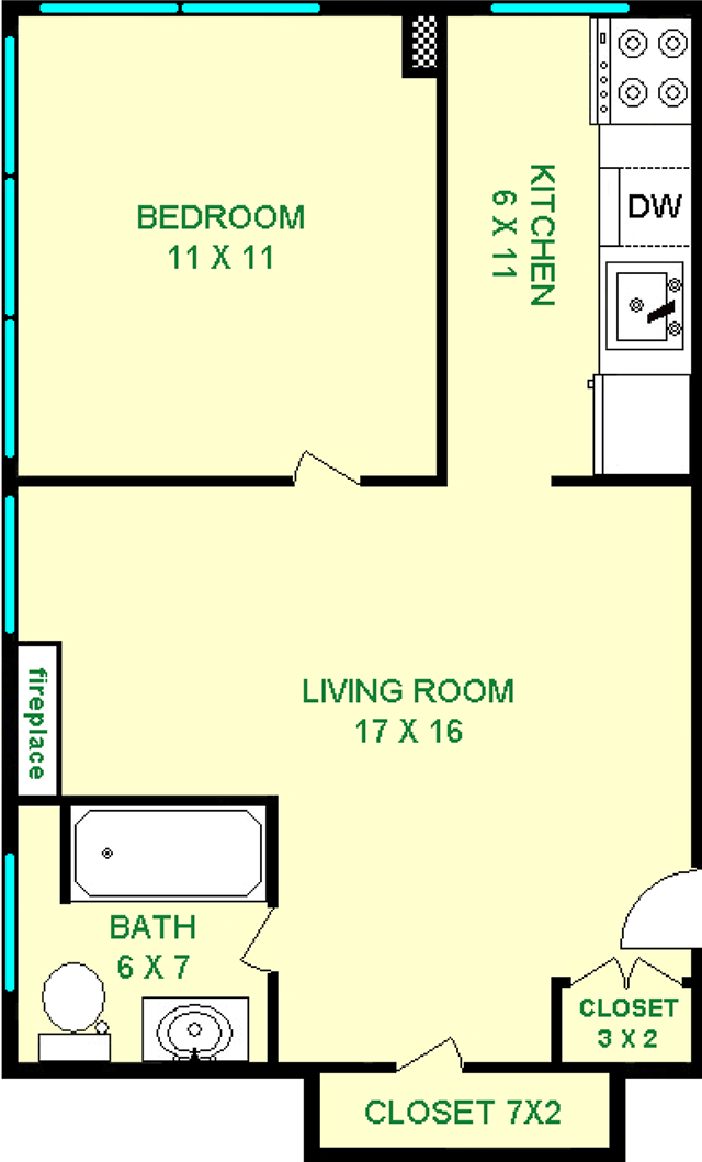 Thaw One Bedroom floorplan is roughly 475 square feet, with a living room, bathroom, bedroom kitchen and closets.