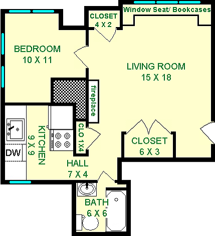 Rook one bedroom floorplan shows roughly 520 square feet, with a living room, bedroom, bathroom, hall, kitchen and closets.