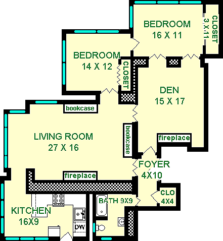 Carnegie Two Bedroom Floorplan shows roughly 1420 square feet, with a living room, two bedrooms, den, kitchen and bathroom.