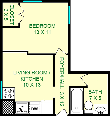 Faraday One Bedroom floorplan shows roughly 370 square feet, with a bedroom, living room/kitchen, bathroom and a foyer/hall