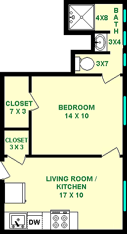 Bell One Bedroom floorplan shows roughly 395 square feet, with a living room/Kitchen, bedroom, bathroom and closets.