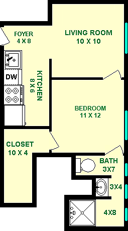 Edison One Bedroom floorplan shows roughly 425 square feet, with a kitchen/living room, bedroom, bathroom and closets.
