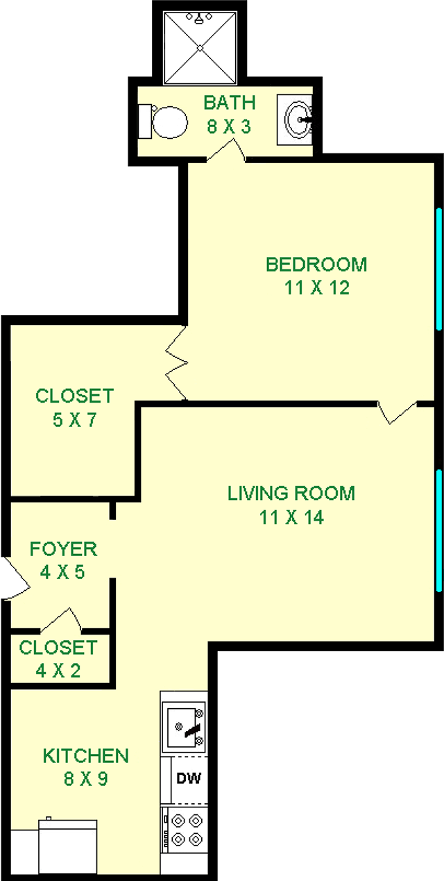 Marconi One Bedroom Floorplan shows roughly 450 square feet with a bathroom, bedroom, living room, kitchen, foyer and closets.