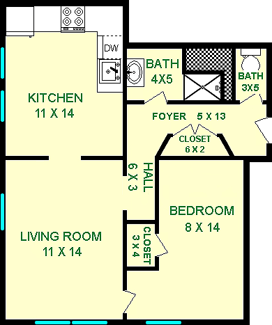 Galvani One Bedroom shows roughly 590 square feet, with a bedroom, living room, bathroom, kitchen, hall and separate sink and toilet areas