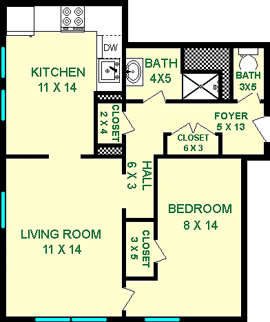 Watt One bedroom floorplan shows roughly 590 square feet, with a bedroom, separate toilet and sink rooms,, living room, kitchen