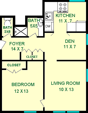 Volta One Bedroom floorplan shows roughly 600 square feet with a bedroom, living room, den, foyer, kitchen and separate commode and wash rooms.