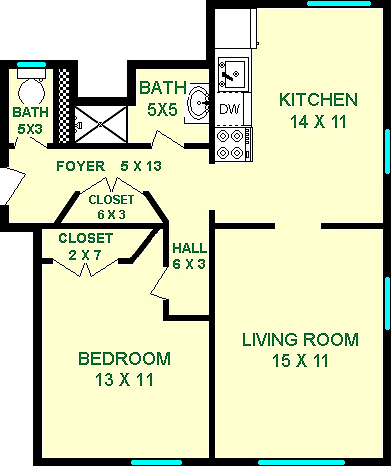 Woods One Bedroom Floorplan shows roughly 600 square feet with a kitchen, foyer, separate wash and commode rooms, a bedroom and living room.