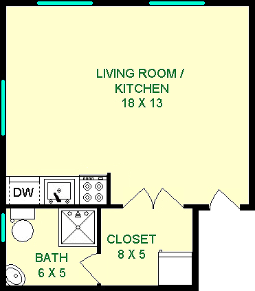 Licklider studio floorplan shows living room/kitchen, bathroom and a closet, constituting roughly 305 square feet.