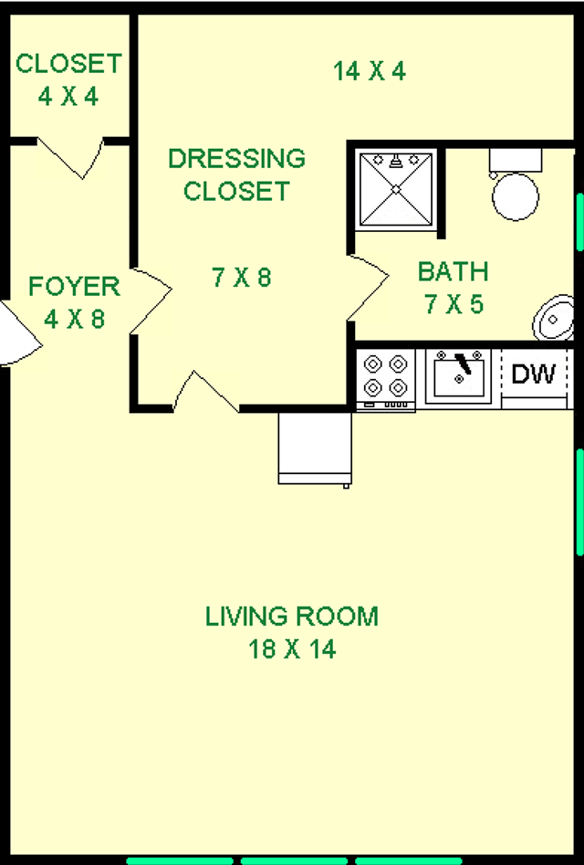 Berners-Lee studio floorplan shows roughly 470 square feet with a foyer, living room, dressing closet leading to a bathroom, and a coat closet.