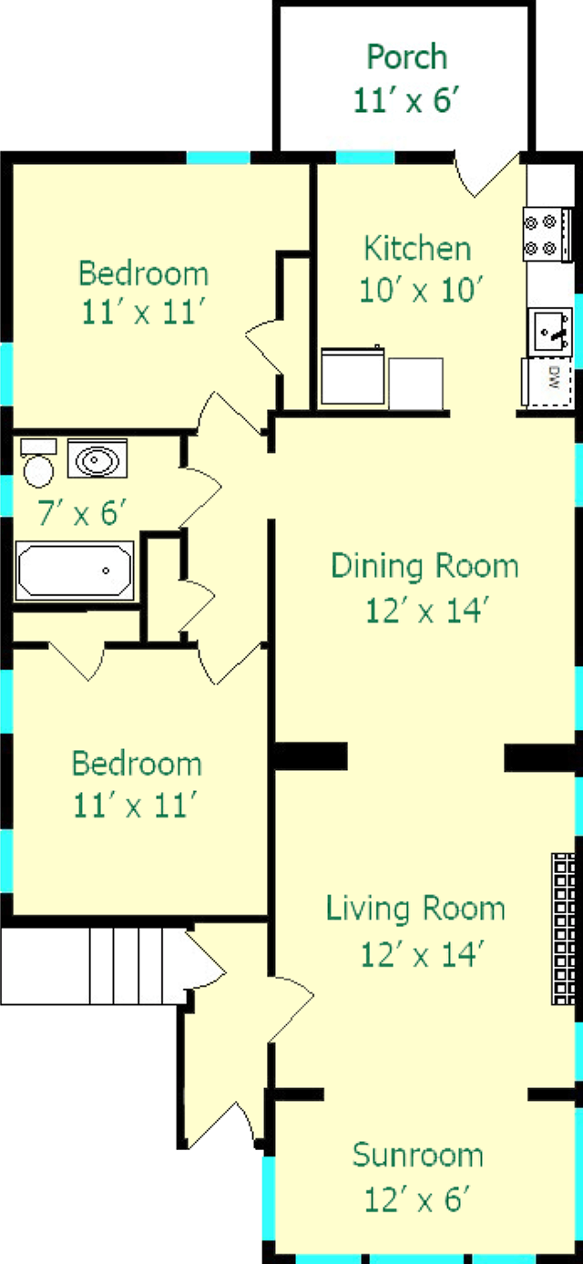 Eal Grey Two Bedroom floorplan shows roughly 885 square feet, with two bedrooms, a bathroom, dining room, living room, kitchen, foyer and closets.