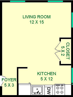 Allium Studio floor plan shows roughly 255 Square feet, with a living room, kitchen and closet. Bathroom is shared.