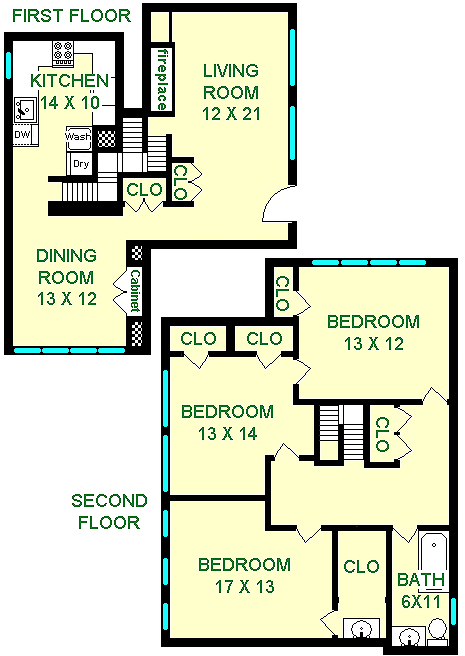 Scheibler Three Bedroom Cottage Style Floorplan shows roughly 1660 square feet split between two floors, with a living room, dining room, kitchen and stairway, leading to a hall, three bedrooms, a bathroom and closets.