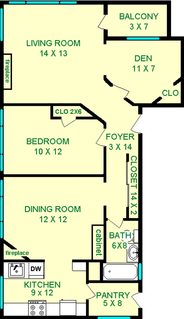 Mimosa One Bedroom Floorplan shows roughly 850 square feet with a Den, Living Room, Bedroom, Dining Room Bathroom, kitchen, foyer, bathroom and pantry