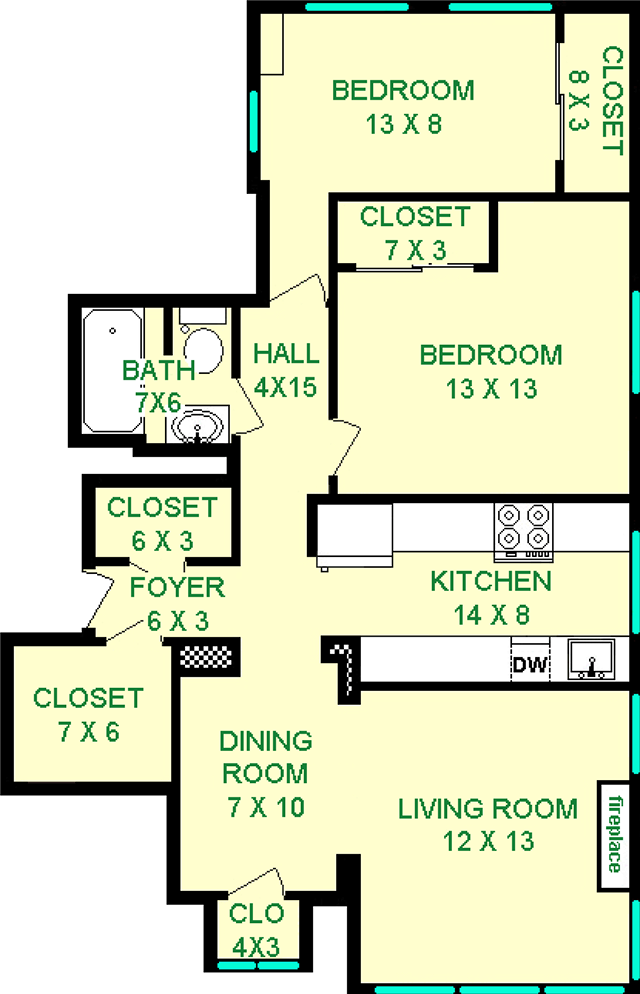 Catalpa Two Bedroom floorplan shows roughly 870 square feet, with two bedrooms, a bathroom, a living room, a dining room, kitchen and closets.