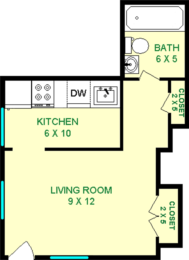 Lilac Studio floorplan shows roughly 270 square feet, with a living room, bathroom, kitchen and closets.