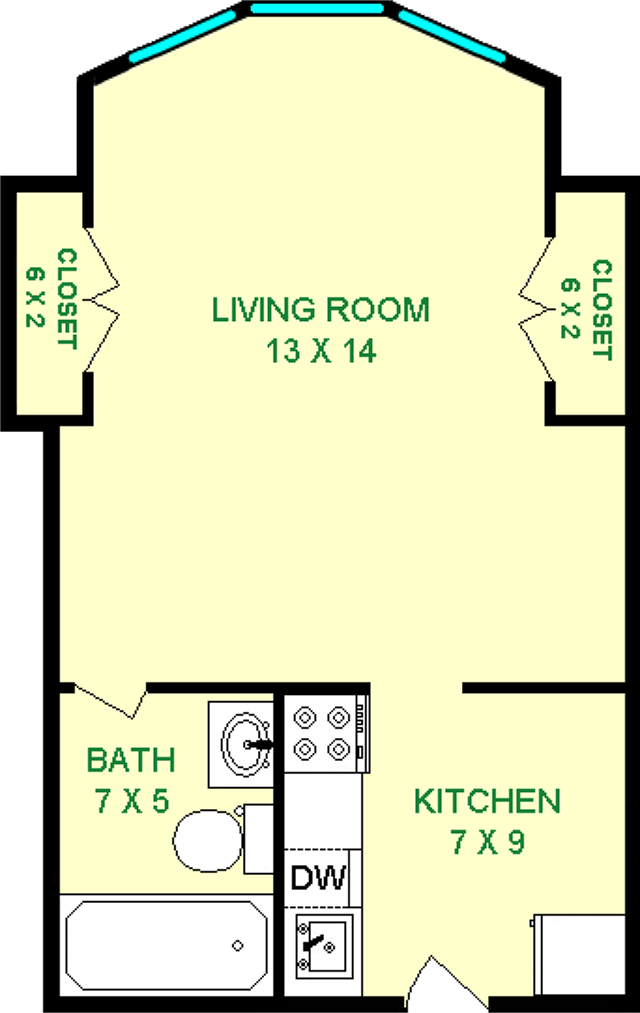Buddleia Studio Floorplan shows roughly 280 square feet, with a living room, bathroom, b=kitchen and two closets.