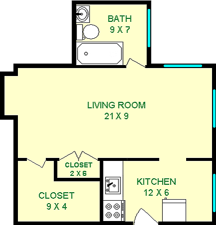 Forsythia studio floorplan shows roughly 380 square feet with a living room, bathroom, kitchen, and two closets