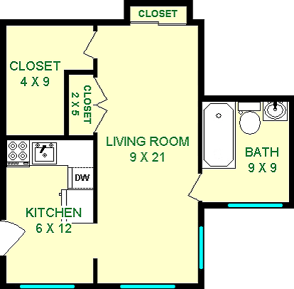Oleander studio floorplan shows roughly 400 square feet, with a living room, bathroom, kitchen and three closets.