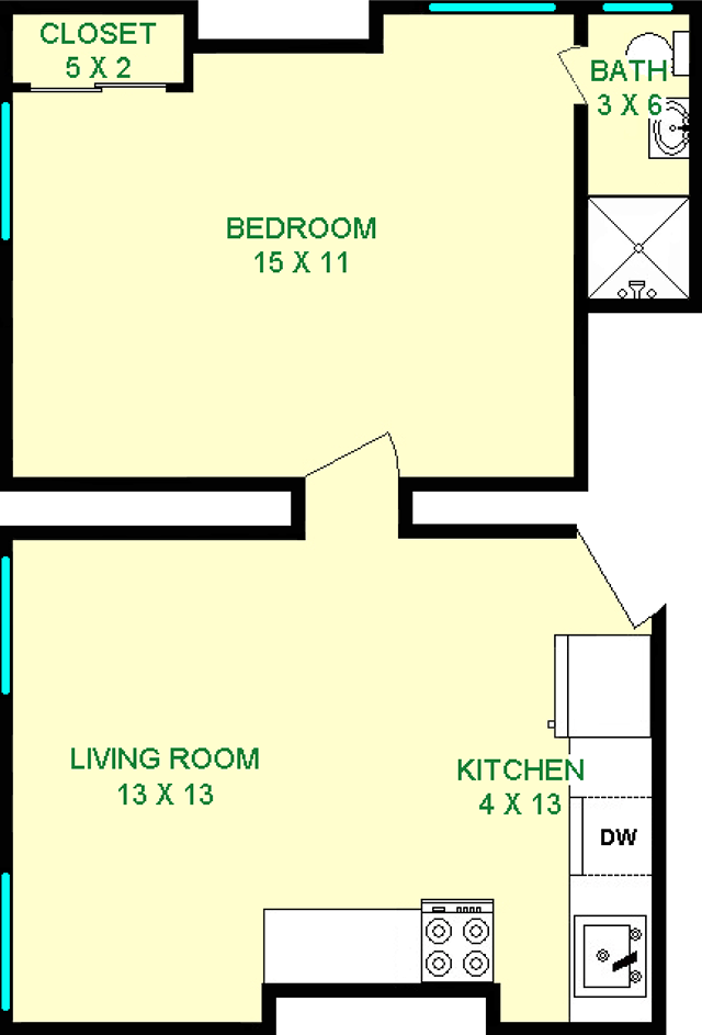 Tuberose One Bedroom Floorplan shows a living room, Kitchen and a bedroom with a captive bathroom, occupying roughly 415 Square feet.