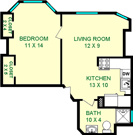 Tiarella One Bedroom Floorplan shows bedroom, bathroom, living room and a kitchen.