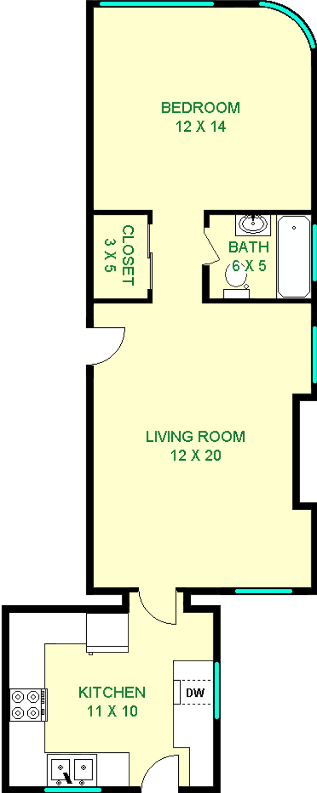Trillium One Bedroom floorplan shows roughly 610 square feet, with a bedroom, bathroom, closet, living room, and a kitchen.