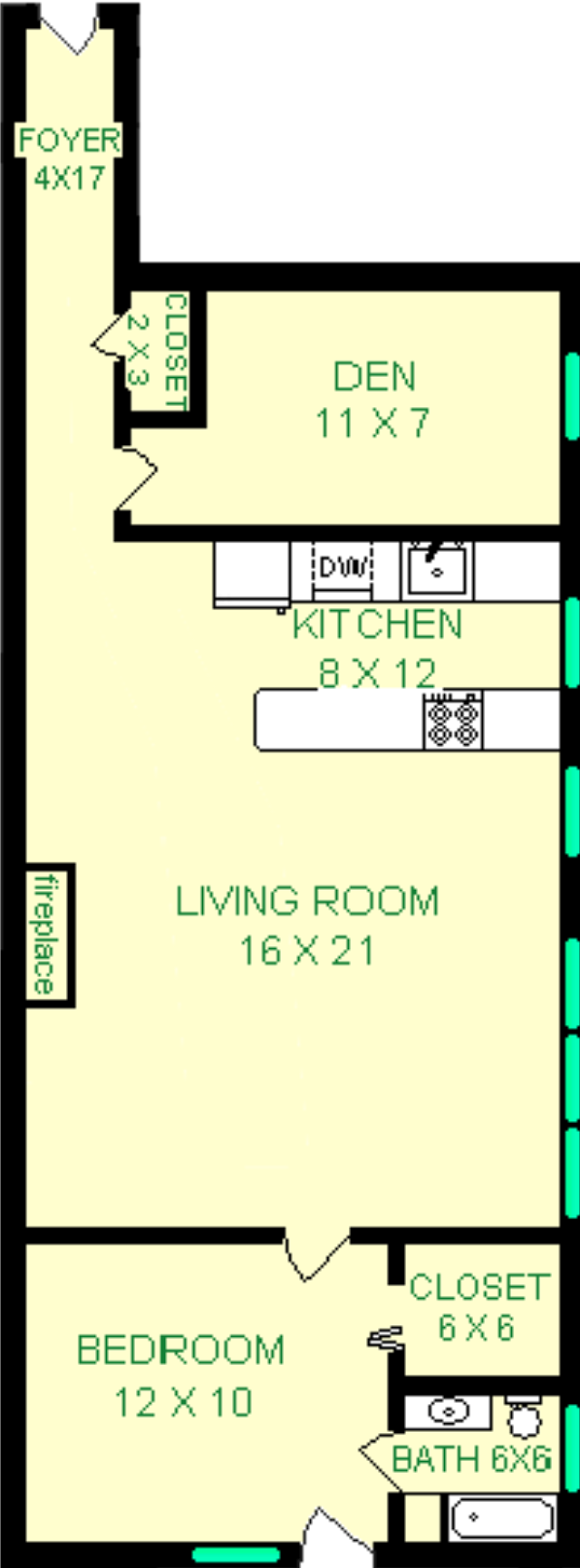 Chestnut One Bedroom floorplan shows roughly 915 square feet, with a bedroom, living room, bathroom, closet, kitchen, den and a foyer.