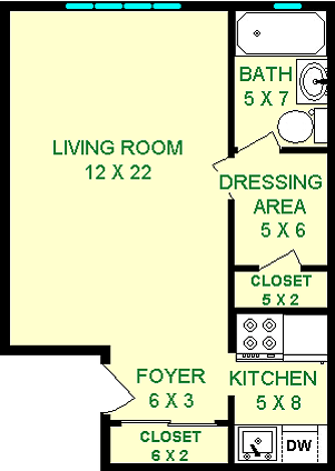 Radcliff Studio Apartment shows roughly 370 square feet with a Living Room, bathroom, foyer, Kitchen and a Dressing Area
