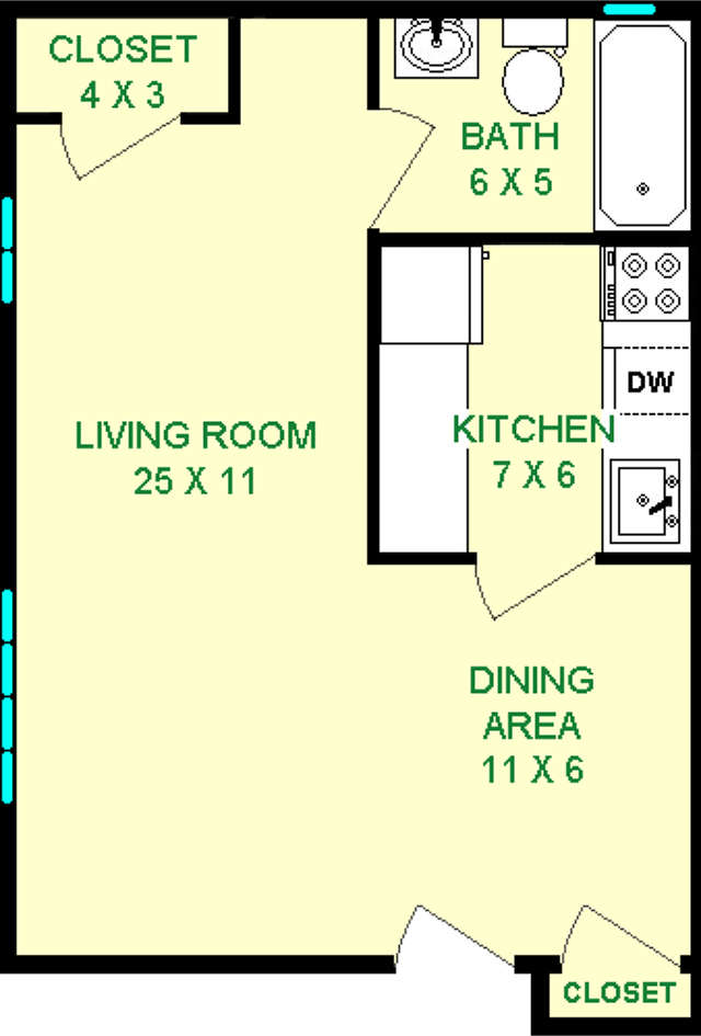 King Studio Floorplan shows living room, dining area kitchen bathroom and closets