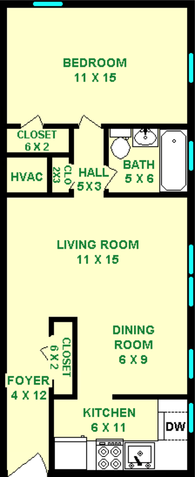 Eagle One Bedroom Floorplan shows roughly 585 square feet, with a bedroom, living room, bathroom, dining room, kitchen and foyer.