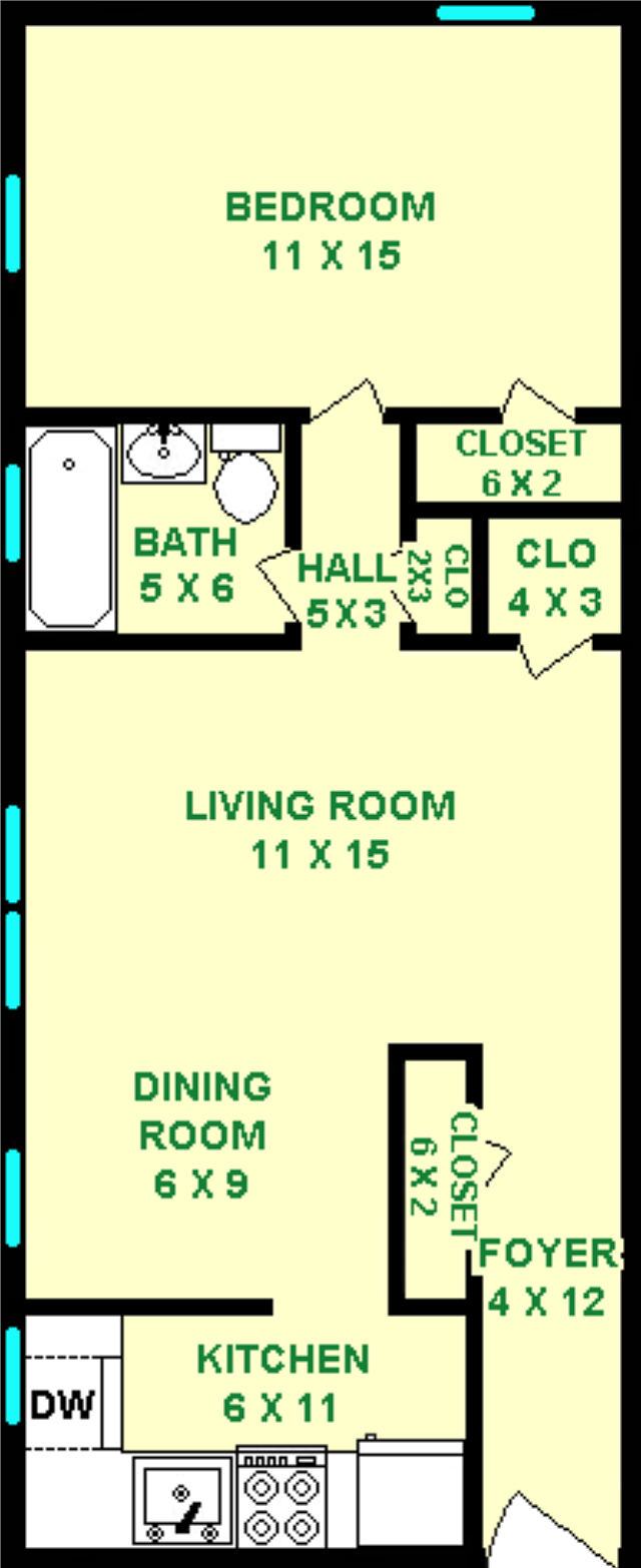 Osprey One Bedroom floorplan shows roughly 585 square feet, with a bedroom, bathroom, living room, dining room, kitchen and a foyer.