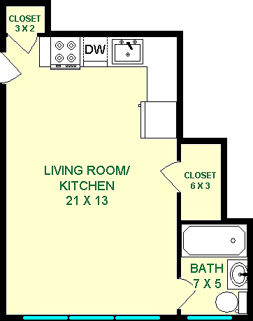 Willow studio floorplan shows roughly 335 square feet, with a kitchen/Living Room, 2 closets and a bathroom.