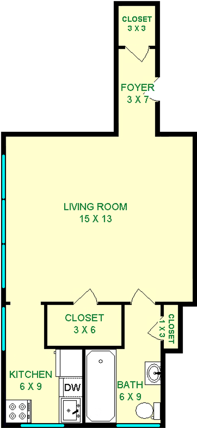 Maple studio floorplan shows roughly 350 square feet, three closets, a foyer and a bathroom and kitchen.